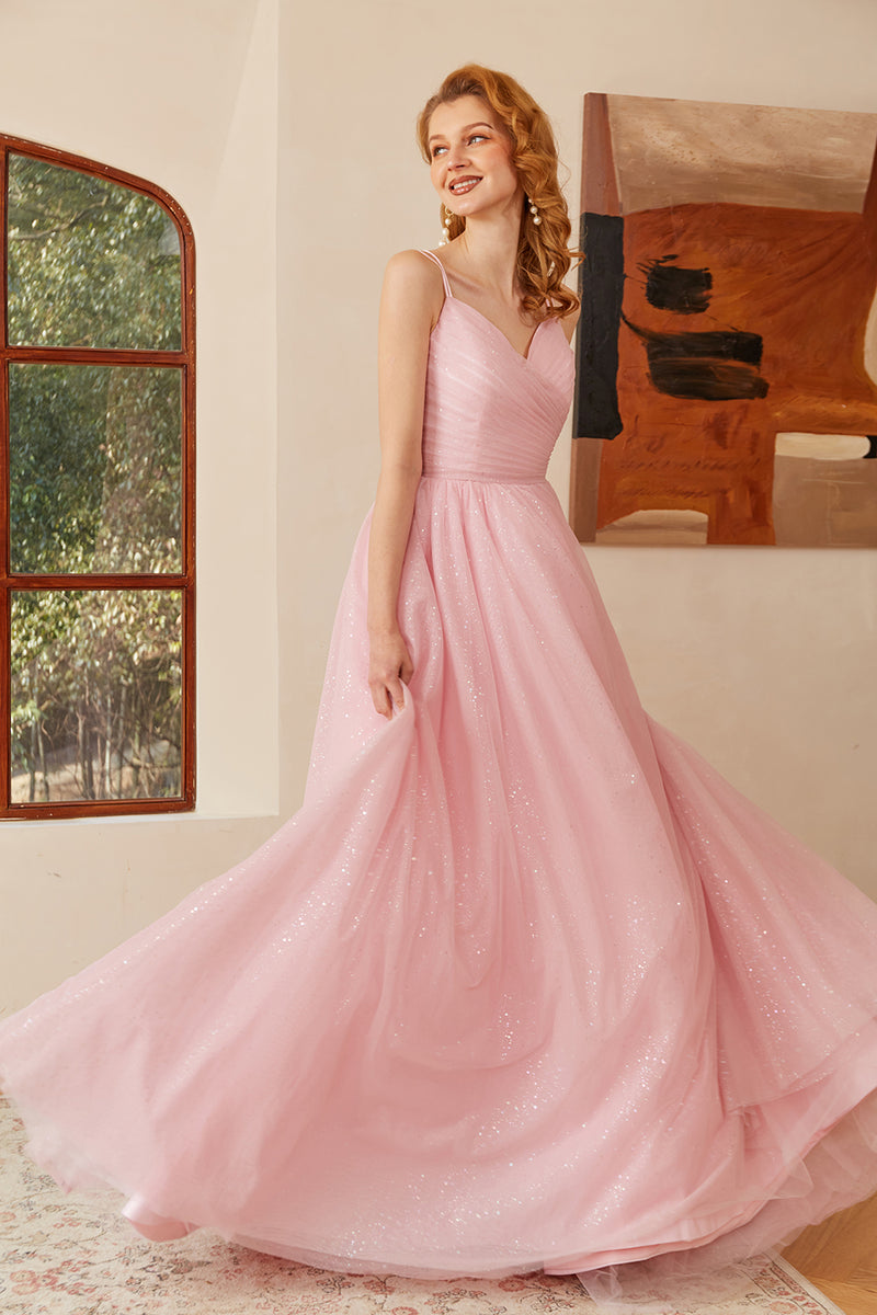 Load image into Gallery viewer, Glitter Lace-Up Ruched Pink Princess Prom Dress