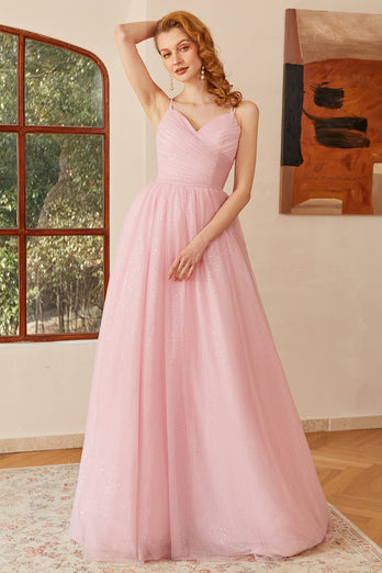 Glitter Lace-Up Ruched Pink Princess Prom Dress