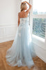 Load image into Gallery viewer, Appliques Light Blue Tulle Princess Prom Dress with Slit