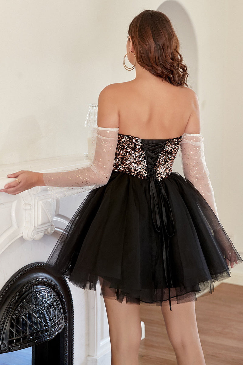 Load image into Gallery viewer, A Line Off the Shoulder Black Short Homecoming Dress with Beading