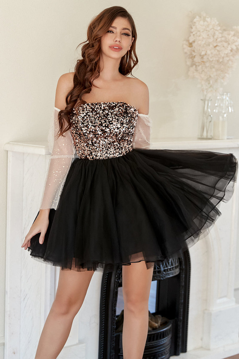 Load image into Gallery viewer, A Line Off the Shoulder Black Short Homecoming Dress with Beading