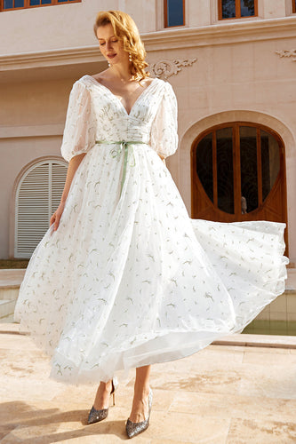 Tulle Midi White Prom Dress with Embroidery