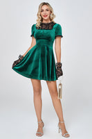 Load image into Gallery viewer, Dark Green Short Velvet Party Dresses with Lace