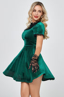 Load image into Gallery viewer, Dark Green Short Velvet Party Dresses with Lace