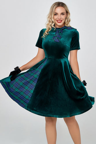 Dark Green Plaid Vintage Velvet Dress