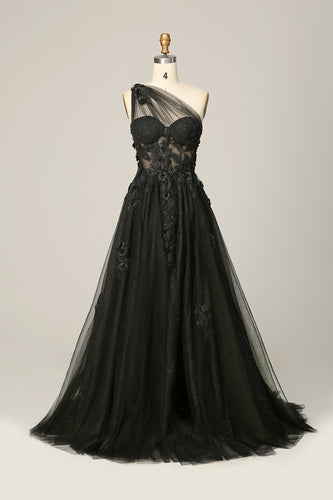 One Shoulder A Line Tulle Black Prom Dress with Beading
