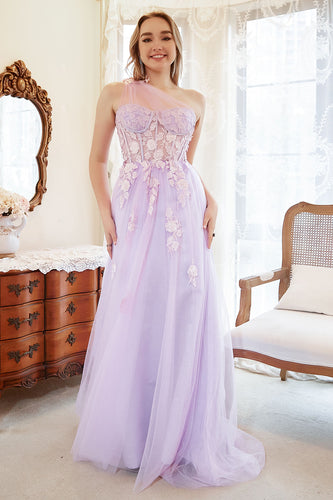 Lavender A-Line Halter Prom Dress With Embroidery