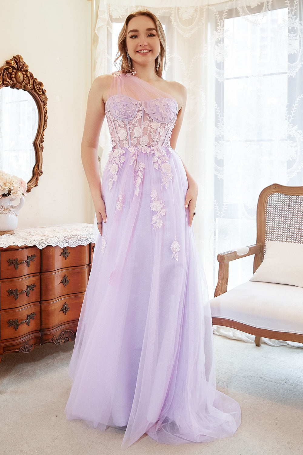 Lavender A-Line Halter Prom Dress With Embroidery