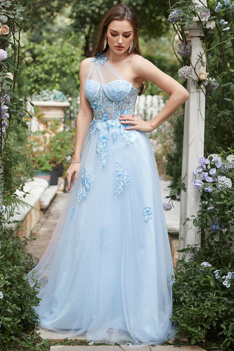 One Shoulder A Line Tulle Blue Prom Dress with Beading