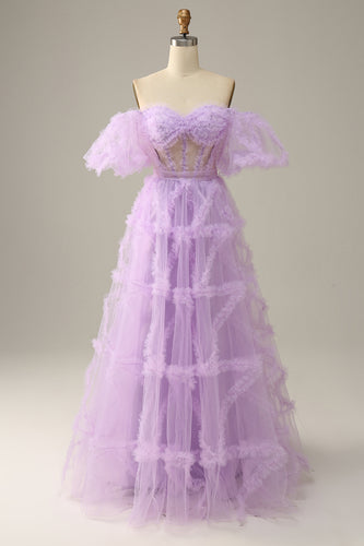 Tulle Lavender Off The Shoulder A Line Prom Dress