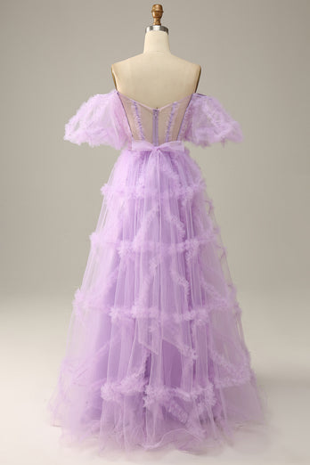 Tulle Lavender Off The Shoulder A Line Prom Dress