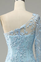 Load image into Gallery viewer, One Shoulder Sky Blue Mermaid Prom Dress With Appliques