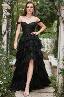 Load image into Gallery viewer, Off Shoulder Layered Black Prom Dress with Slit
