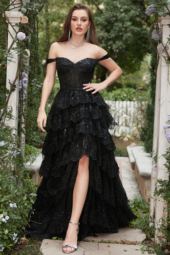 Off Shoulder Layered Black Prom Dress with Slit