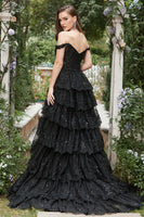 Load image into Gallery viewer, Off Shoulder Layered Black Prom Dress with Slit