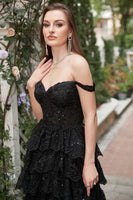 Load image into Gallery viewer, Off Shoulder Layered Black Prom Dress with Slit