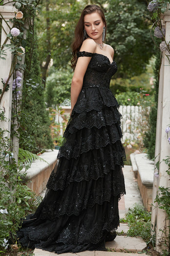 Off Shoulder Layered Black Prom Dress with Slit