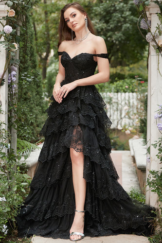 Off Shoulder Layered Black Prom Dress with Slit