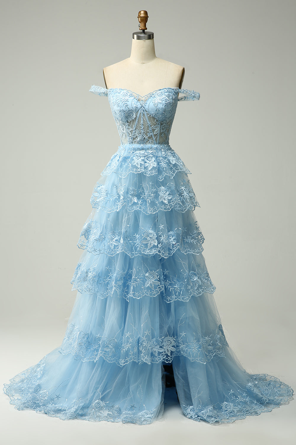 Off Shoulder Layered Blue Prom Dress with Slit