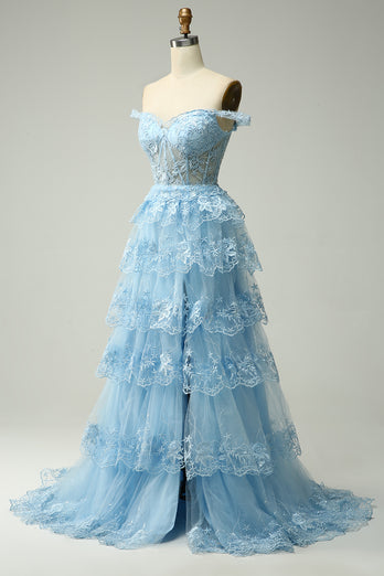 Off Shoulder Layered Blue Prom Dress with Slit