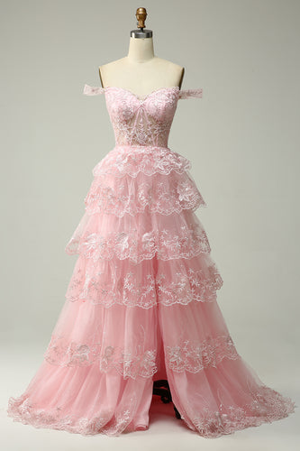 Off Shoulder Layered Pink Prom Dress with Slit