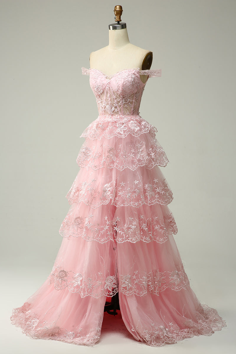 Load image into Gallery viewer, Off Shoulder Layered Pink Prom Dress with Slit