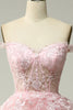 Load image into Gallery viewer, Off Shoulder Layered Pink Prom Dress with Slit