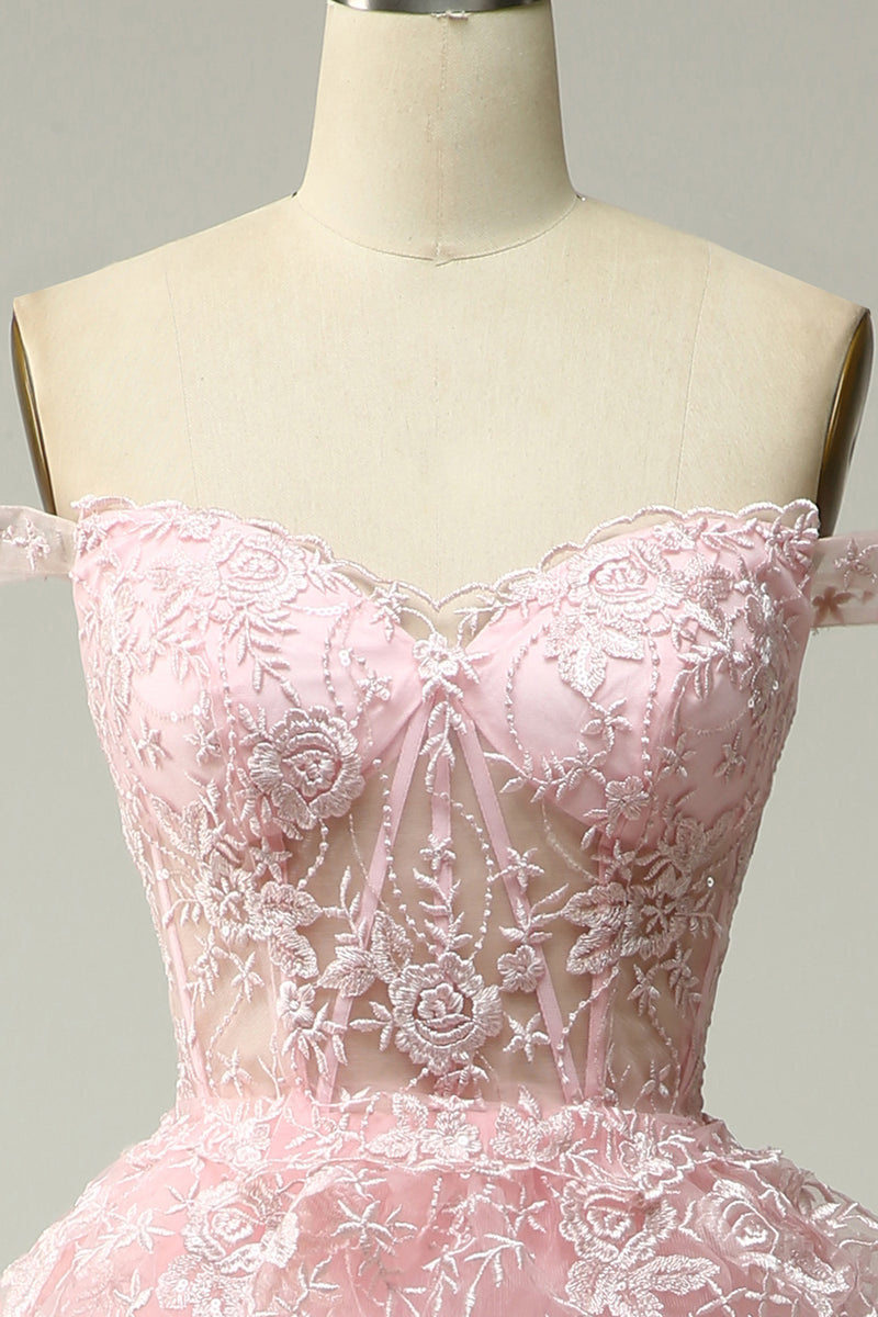 Load image into Gallery viewer, Off Shoulder Layered Pink Prom Dress with Slit