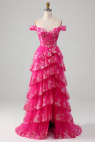 Load image into Gallery viewer, A-line Off The Shoulder Fuchsia Prom Dress with Sequins
