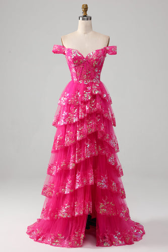 A-line Off The Shoulder Fuchsia Prom Dress with Sequins