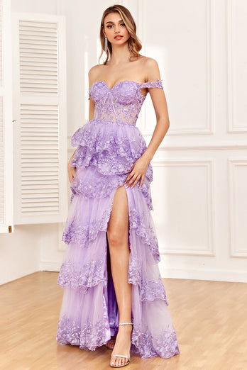 Off the Shoulder Purple Corset Prom Dress with Slit