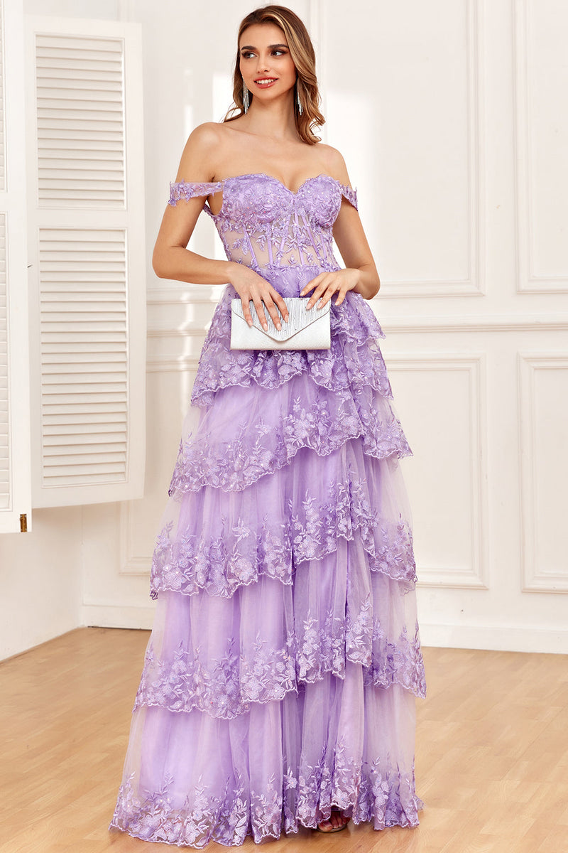Load image into Gallery viewer, Off the Shoulder Purple Corset Prom Dress with Slit
