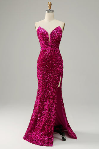 Strapless Hot Pink Sequin Prom Dress with Slit