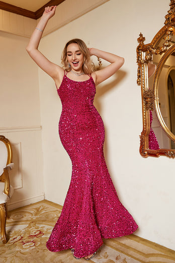 Spaghetti Straps Hot Pink Sequin Mermaid Prom Dress with Lace-up Back