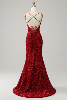 Fringes Red Sequin Mermaid Prom Dress with Slit