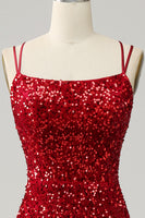 Load image into Gallery viewer, Fringes Red Sequin Mermaid Prom Dress with Slit