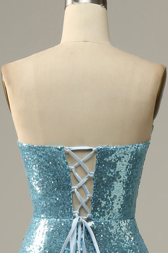 Sequin Feathers Strapless Prom Dress with Slit