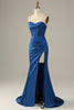 Load image into Gallery viewer, Royal Blue Satin Mermaid Corset Prom Dress with Slit