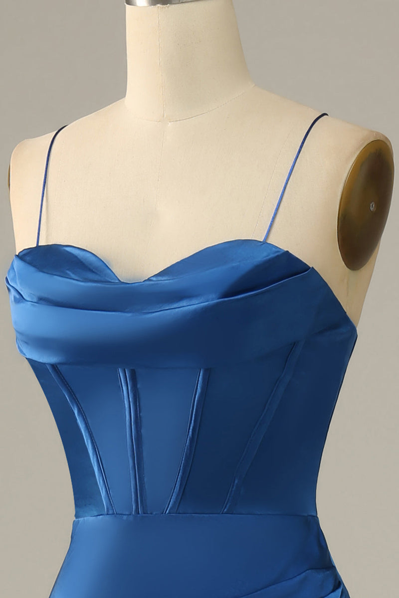 Load image into Gallery viewer, Royal Blue Satin Mermaid Corset Prom Dress with Slit