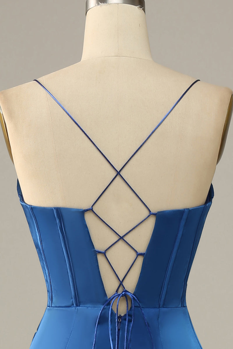 Load image into Gallery viewer, Royal Blue Satin Mermaid Corset Prom Dress with Slit