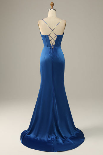 Royal Blue Satin Mermaid Corset Prom Dress with Slit