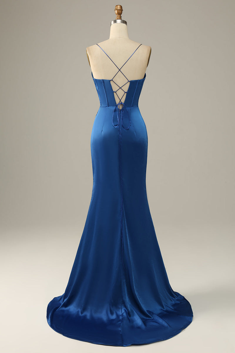 Load image into Gallery viewer, Royal Blue Satin Mermaid Corset Prom Dress with Slit