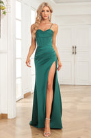 Load image into Gallery viewer, Dark Green Mermaid Spaghetti Straps Satin Prom Dress with Slit