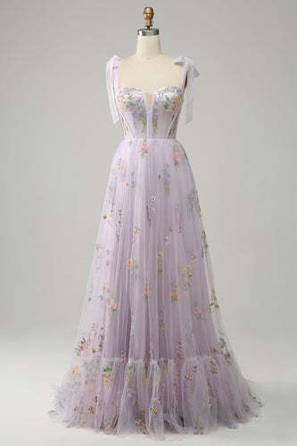 A-line Tulle Lavender Prom Dress with Embroidery