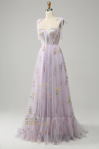 A-line Tulle Lavender Prom Dress with Embroidery