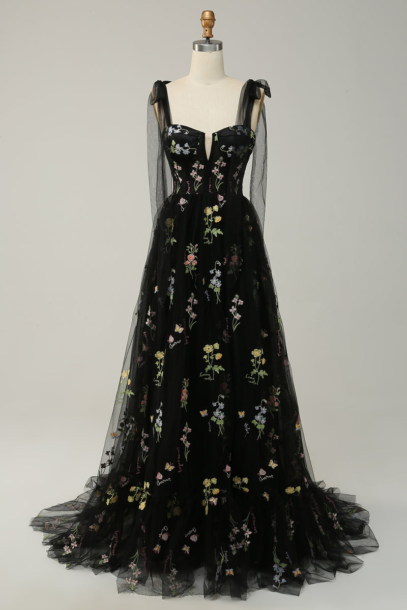 Load image into Gallery viewer, A-line Tulle Black Prom Dress with Embroidery