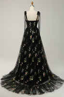 Load image into Gallery viewer, A-line Tulle Black Prom Dress with Embroidery