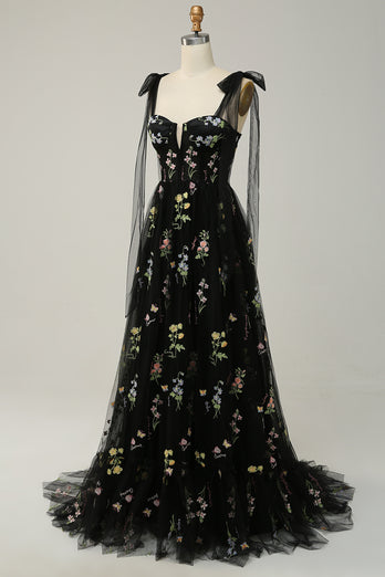 A-line Tulle Black Prom Dress with Embroidery