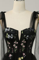 Load image into Gallery viewer, A-line Tulle Black Prom Dress with Embroidery
