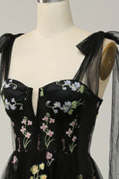 Load image into Gallery viewer, A-line Tulle Black Prom Dress with Embroidery